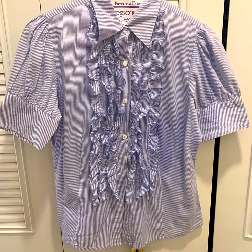 Ruffled front, blue/white pinstriped blouse